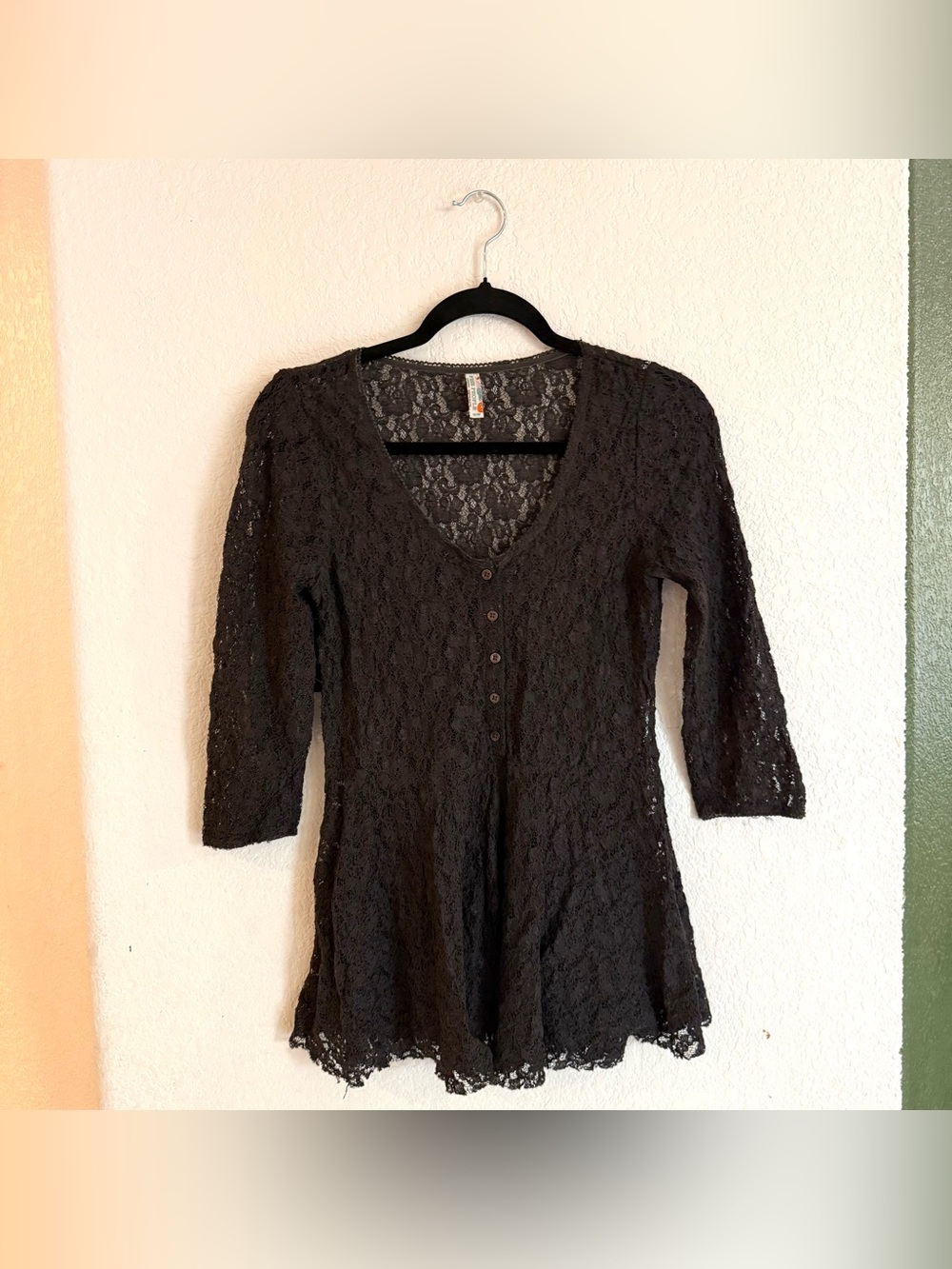 Free People Brown Lace Blouse 3/4 Sleeve Button Front Medium Fairy Grunge